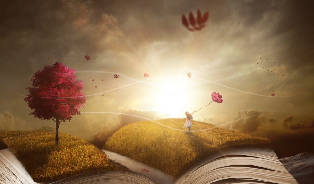 Book, tree, girl, balloons image by Comfreak of Pixabay