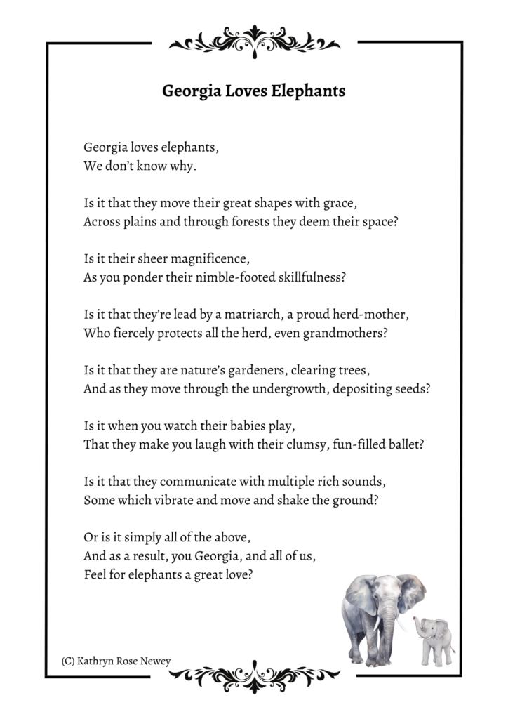 Text of personalised poem entitled "Georgia Loves Elephants" by Kathryn Rose Newey, printed with an attractive border.